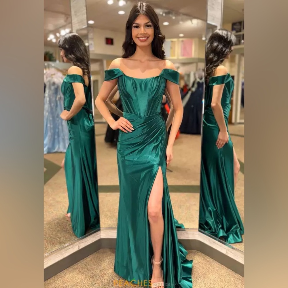 Sherri Hill Green Ruched High Low Gown